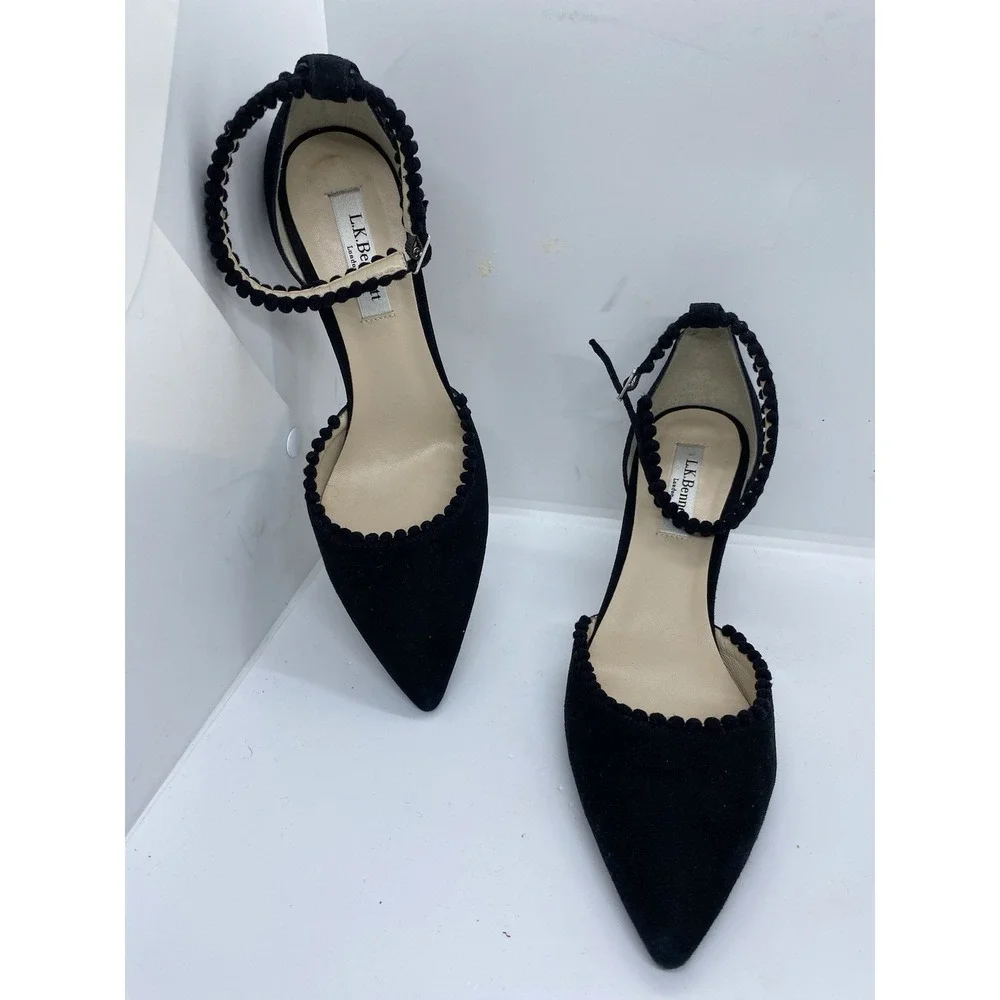 Black LK Bennett Ellora Suede Pom-Pom D'Orsay Ankle Strap Sandal Sz 39 US 8.5